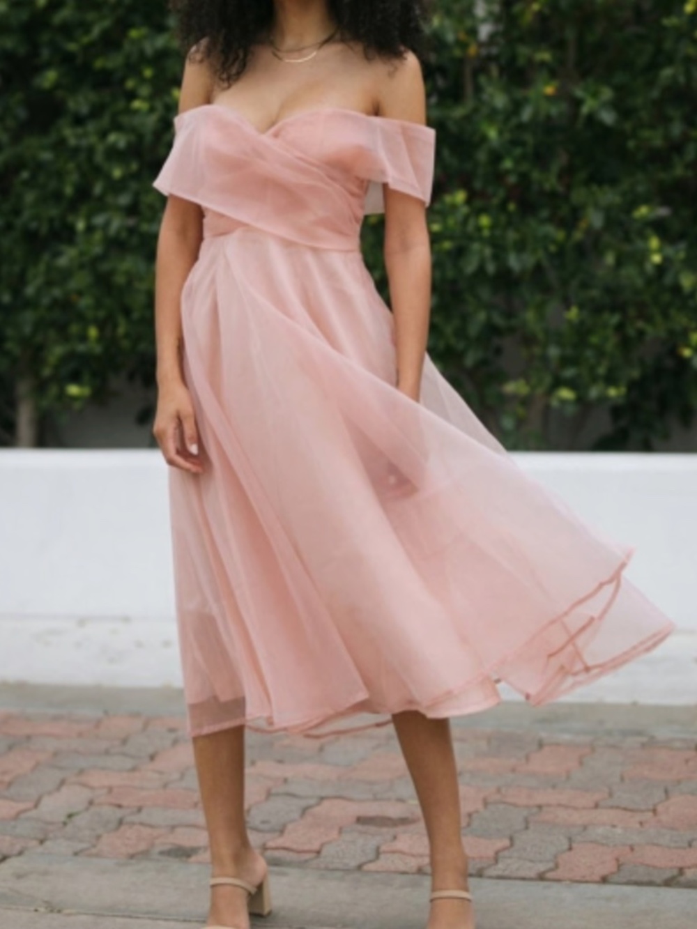 Maniju tulle Off-Shoulder Pink Midi Dress S